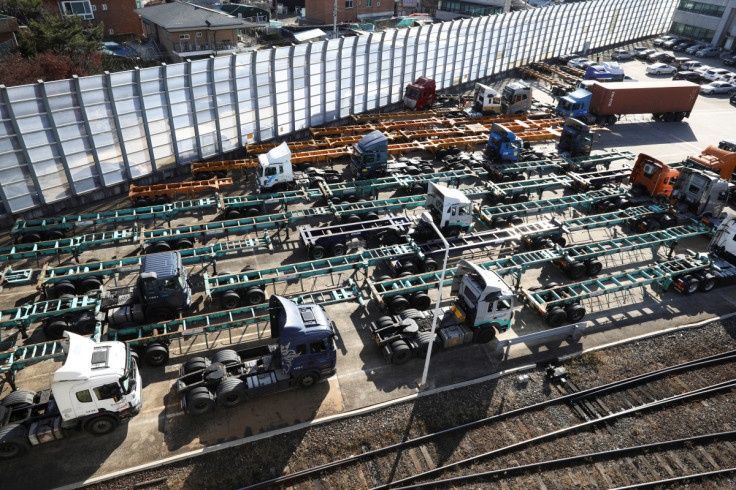 Trucks are parked at a terminal of the Inland Container Depot in Uiwang