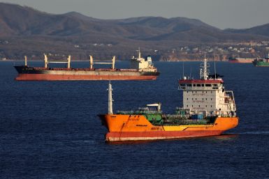 A crude oil tanker and a bulk carrier sail in Nakhodka Bay