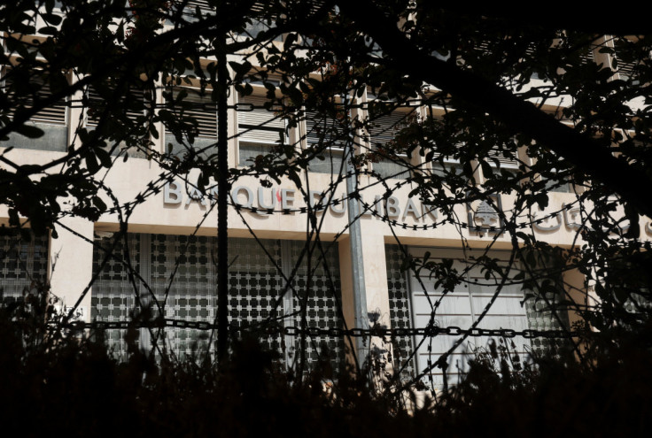 Lebanon's Central Bank building is pictured behind a razor wire fence, in Beirut,