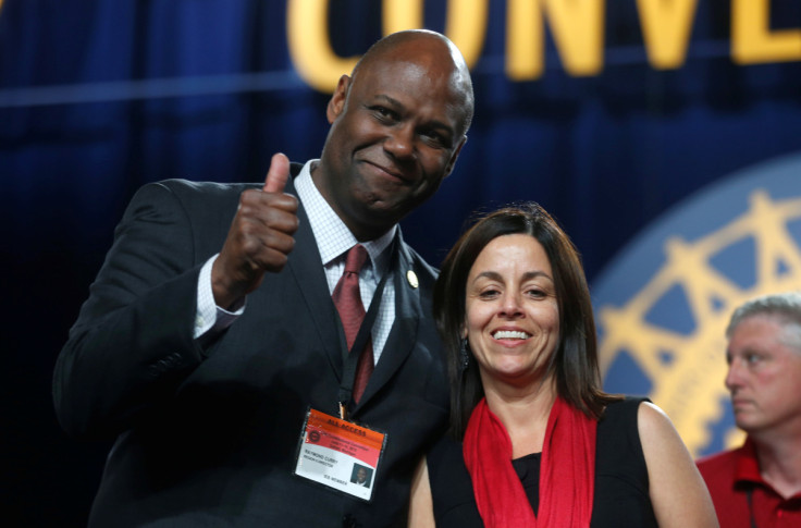 Newly elected United Auto Workers Secretary -Treasurer Ray Curry and UAW Vice-President for General Motors Cindy Estrada celebrate their election victory during the 37th Constitutional Convention in Detroit,