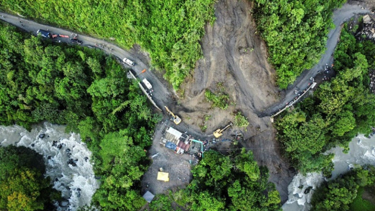 Aerial view of a landslide that engulfed a bus and other vehicles, killing 27 people in northwest Colombia