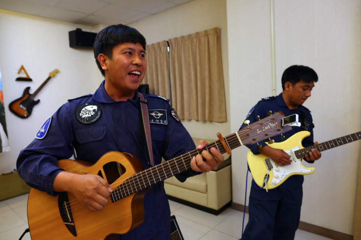 Members of Taiwan's Air Force "Tiger Band" play during band practice at Chihhang Air Base in Taitung