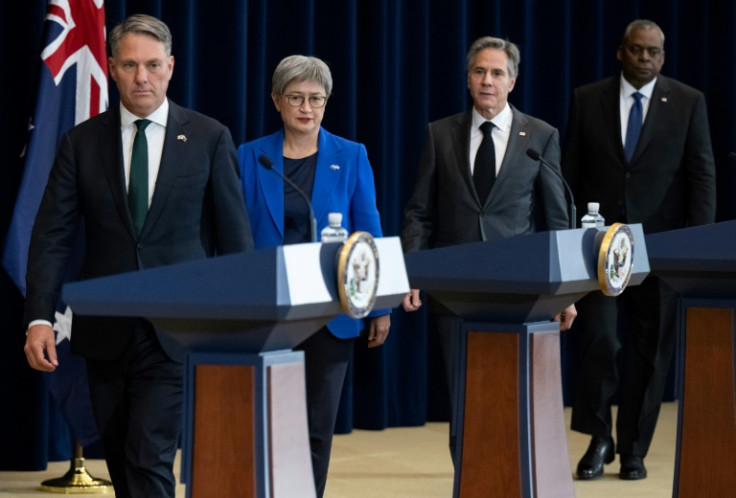 Australian Deputy Prime Minister and Defense Minister Richard Marles (left), Australian Foreign Minister Penny Wong, US Secretary of State Antony Blinken and US Defense Secretary Lloyd Austin arrive for a press conference in Washington