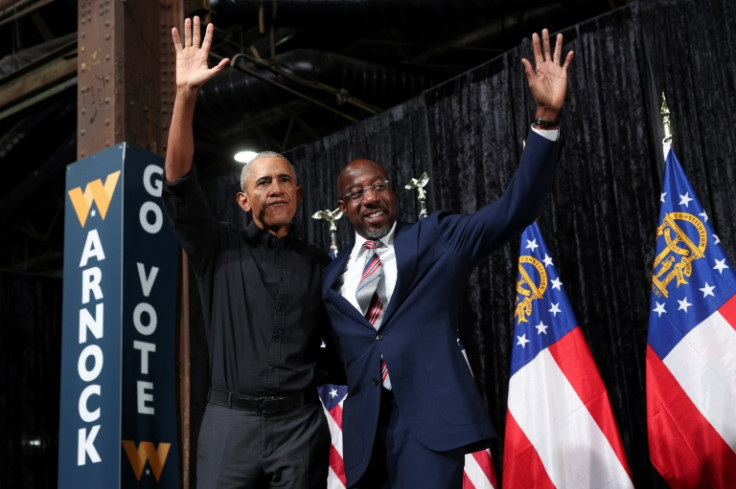 Former US president Barack Obama campaigning with Georgia Democratic Senate candidate Raphael Warnock