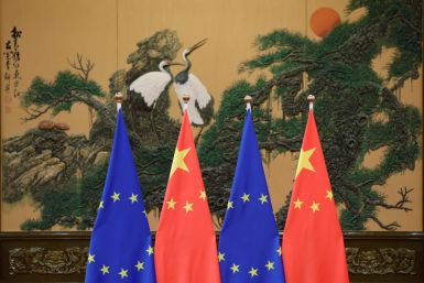 Flags of European Union and China are pictured during the China-EU summit in Beijing