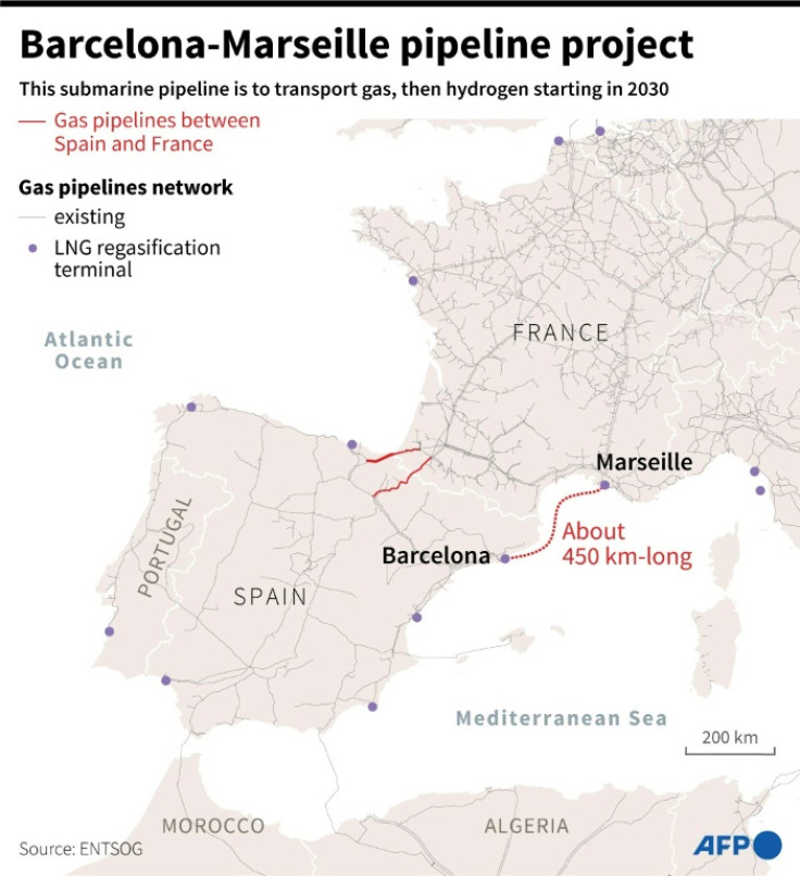Map of the Spanish pipeline network highlighting the connections between France and Spain, and the likely route of the pipeline