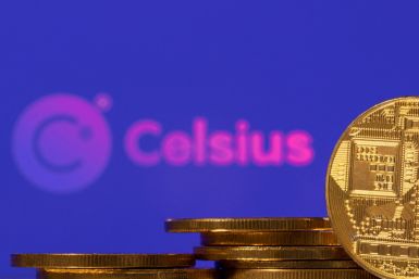 Illustration shows Celsius logo and representation of cryptocurrencies
