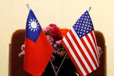 Flags of Taiwan and U.S. are placed for a meeting in Taipei