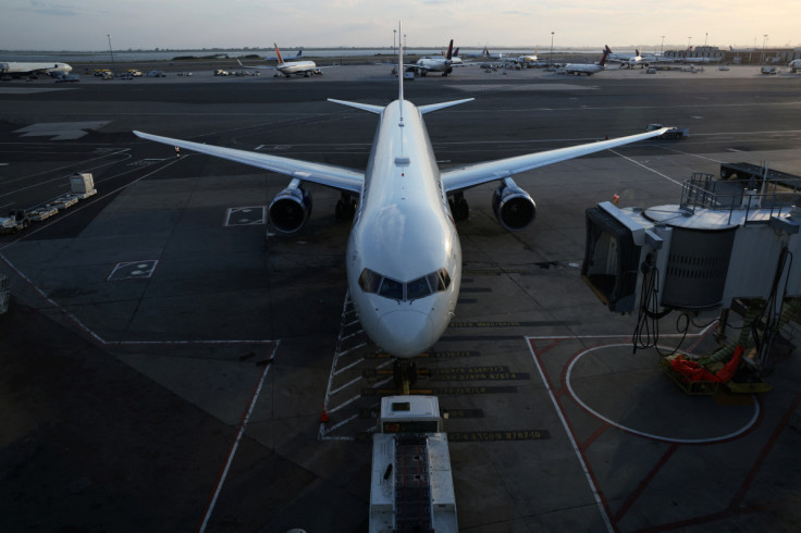 An airplane sits on the tarmac at John F. Kennedy International Airport on the July 4th weekend in Queens, New York City