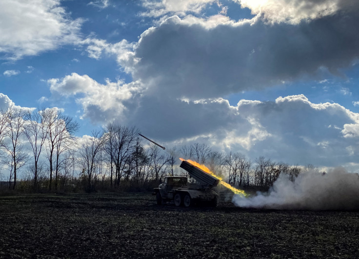 Ukrainian servicemen fire with a BM21 Grad multiple launch rocket system in a frontline on the border of Kharkiv and Luhansk regions