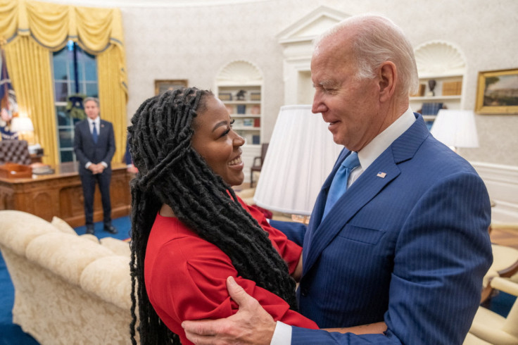 U.S. President Joe Biden embraces Brittney Griner's wife Cherelle Griner at the White House in Washington