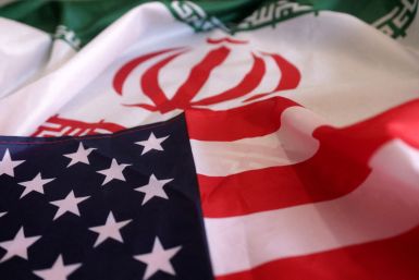 Illustration shows USA and Iranian flags