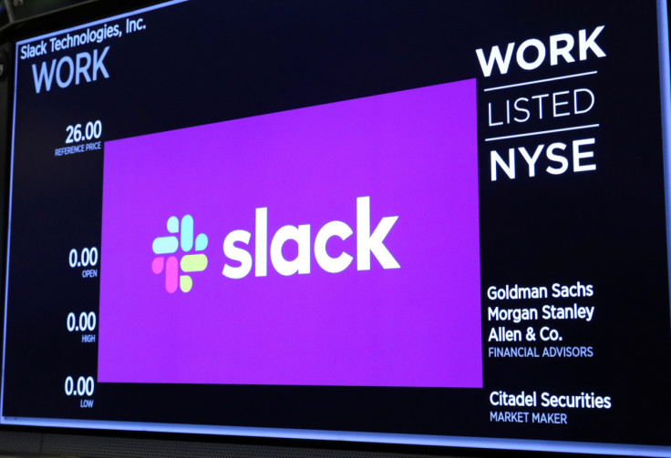 The Slack Technologies Inc. logo is seen on a display at New York Stock Exchange (NYSE) during the company's IPO in New York