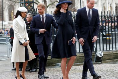 Britain's Prince Harry, his fiancee Meghan Markle, Prince William and Kate, the Duchess of Cambridge, arrive at the Commonwealth Service at Westminster Abbey in London