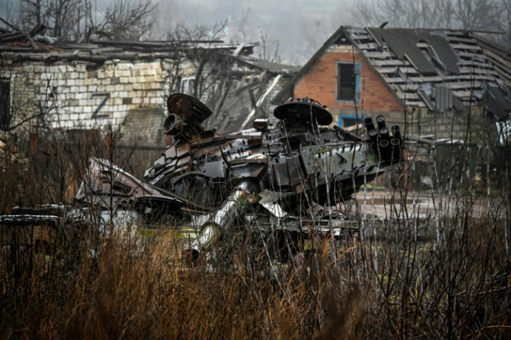 A destroyed tank on the outskirts of the village of Kamyanka in Ukraine on December 13, 2022
