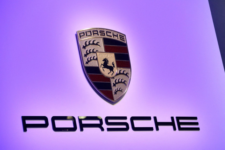 The Porsche logo as the reveal of the 2020 Porsche 911 Speedster at the 2019 New York International Auto Show in New York