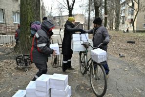Local residents in Ukraine have been receiving humanitarian aid and food parcels