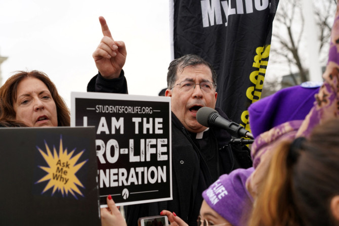 Father Frank Pavone speaks in during the March for Life in Washington in 2020