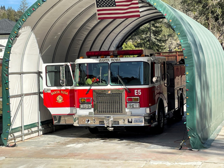 A fire engine is seen parked inside a temporary cover in Santa Rosa