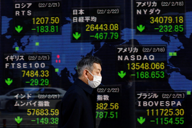 A man wearing a protective mask, amid the coronavirus disease (COVID-19) outbreak, walks past an electronic board displaying Japan's Nikkei index and various countries' stock market index prices outside a brokerage in Tokyo