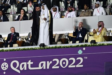 Qatar's Emir Sheikh Tamim bin Hamad al-Thani (C), Abdullah II King of Jordan (L), FIFA President Gianni Infantino (2ndR) and Saudi Arabia's Crown Prince Mohammed bin Salman al-Saud at the opening ceremony