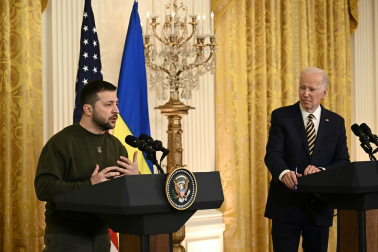 US President Joe Biden (R) and Ukraine's President Volodymyr Zelensky at the White House, during Zelensky's first trip outside of Ukraine since Russia invaded on February 24, 2022