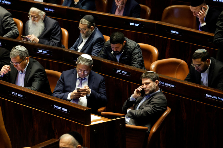 Israeli right-wing Knesset members Itamar ben Gvir and Bezalel Smotrich attend a session at the plenum at the Knesset, Israel's parliament in Jerusalem