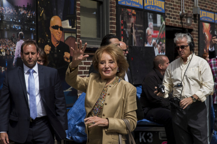 Journalist Barbara Walters arrives at Ed Sullivan Theater in Manhattan as David Letterman prepares for the taping of tonight's final edition of "The Late Show" in New York