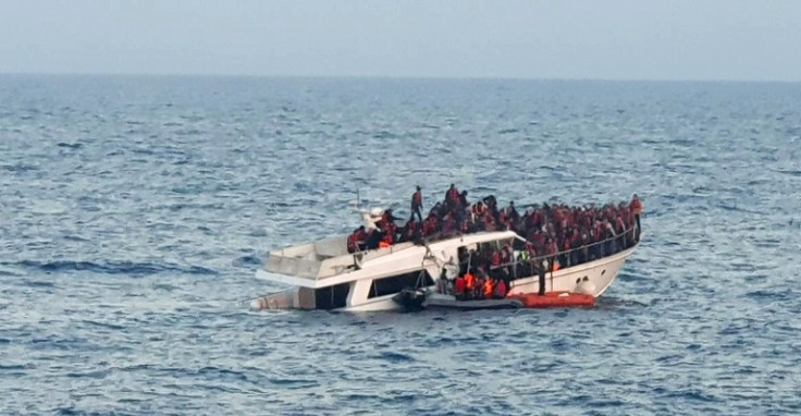 A photo provided by the Lebanese Army shows the distressed migrant boat in Mediterranean waters off the country's northern coast