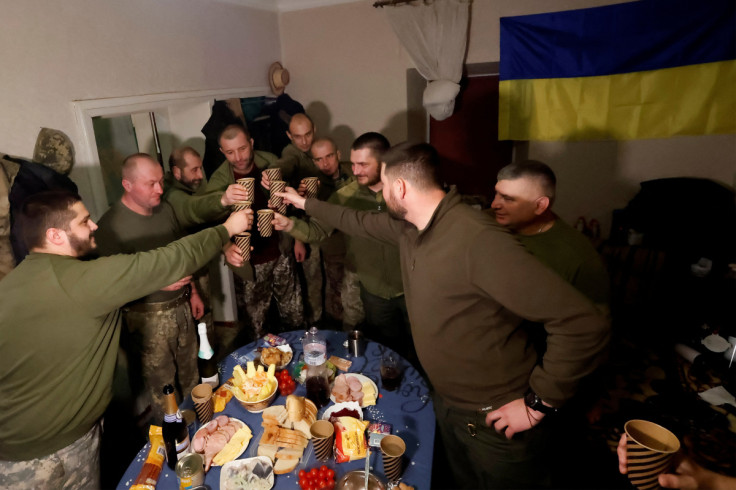 Ukrainian soldiers celebrate New Years Eve, in Donetsk region