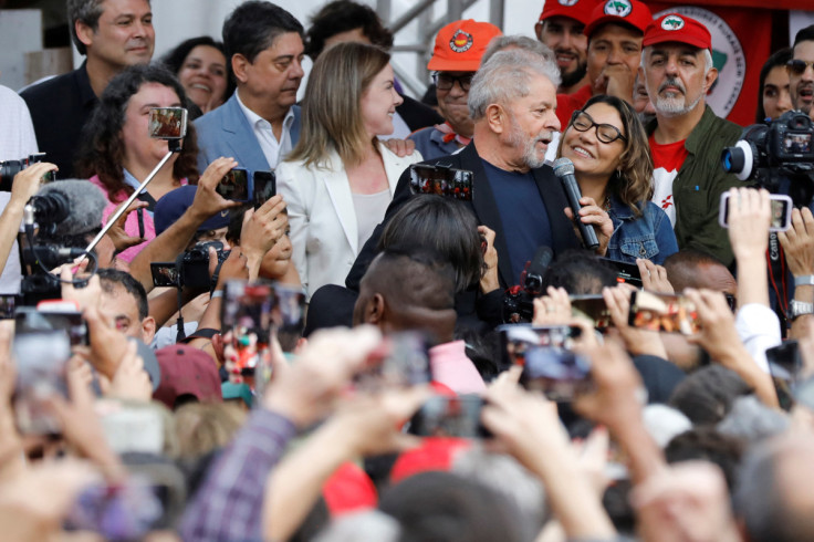 Former Brazilian President Luiz Inacio Lula da Silva gives a speech after being released from prison, in Curitiba, Brazil