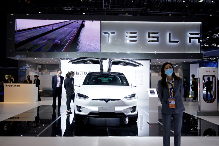 Tesla sign is seen at the third China International Import Expo (CIIE) in Shanghai