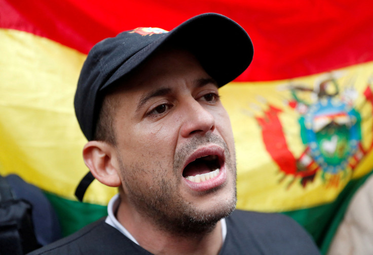 Santa Cruz civic leader and major opposition figure Camacho speaks to the media in La Paz