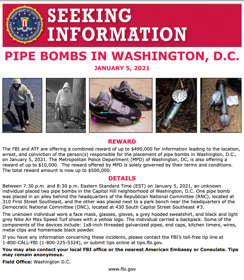 FBI Increases Reward To $500K In Investigation Of Capitol Riot Pipe ...