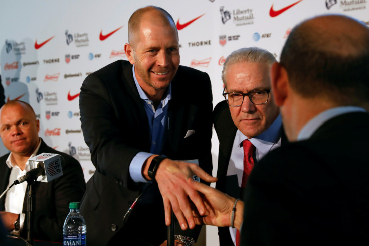 Gregg Berhalter, the new head coach of the U.S. Men's National Soccer Team shakes hands after a news conference in New York City, New York