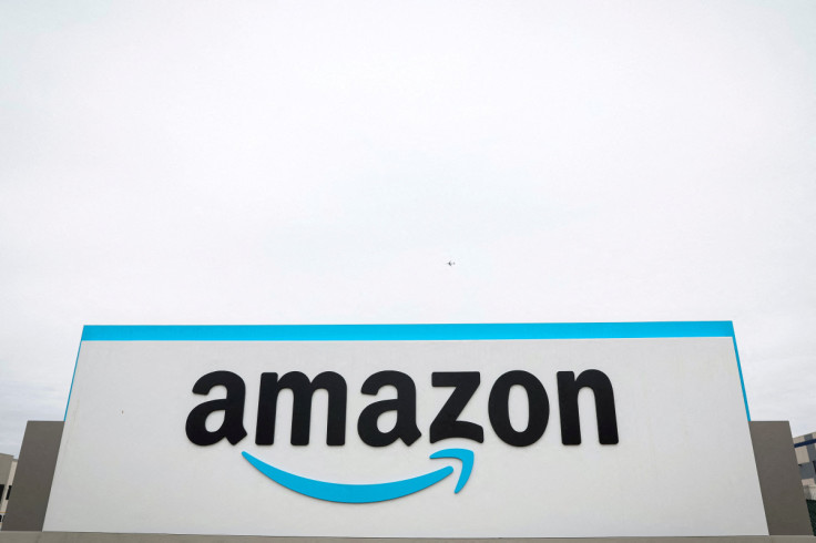 The Amazon logo is displayed on a sign outside the company's LDJ5 sortation center in the Staten Island borough of New York City, U.S.