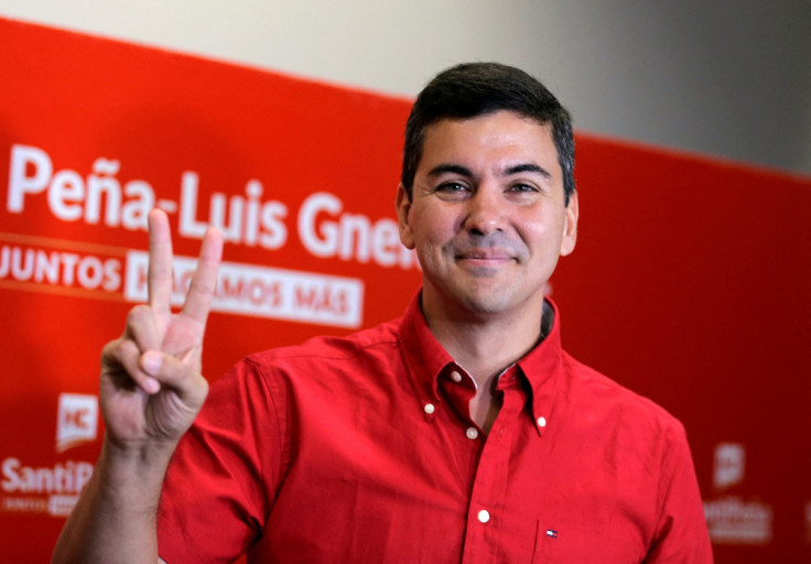 Paraguay's Presidential pre-candidate Santiago Pena gestures during a press conference in Asuncion