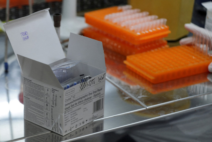 Tests for detection of Cholera are pictured inside at a disease monitoring centre in rebel-held Idlib
