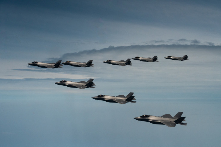U.S. Air Force F-35 Lightning IIs fly side by side with Republic of Korea Air Force F-35s