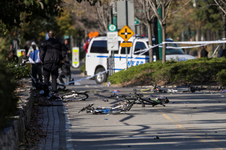 Multiple bikes are seen crushed along a bike path in Lower Manhattan in New York