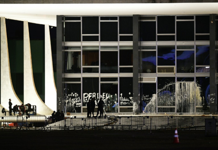 Paint and graffiti damage caused at the Supreme Court by supporters of former Brazilian President Jair Bolsonaro, in Brasilia in January 2023