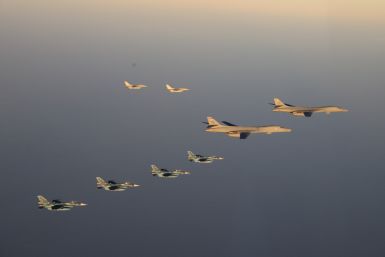  Japan Air Self-Defense Force's F-2 fighters hold a joint military drill with U.S. B-1B bombers and F-16 fighters off Japan's southernmost main island of Kyushu, Japan