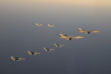  Japan Air Self-Defense Force's F-2 fighters hold a joint military drill with U.S. B-1B bombers and F-16 fighters off Japan's southernmost main island of Kyushu, Japan