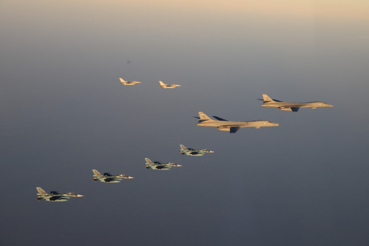  Japan Air Self-Defense Force's F-2 fighters hold a joint military drill with U.S. B-1B bombers and F-16 fighters off Japan's southernmost main island of Kyushu, Japan