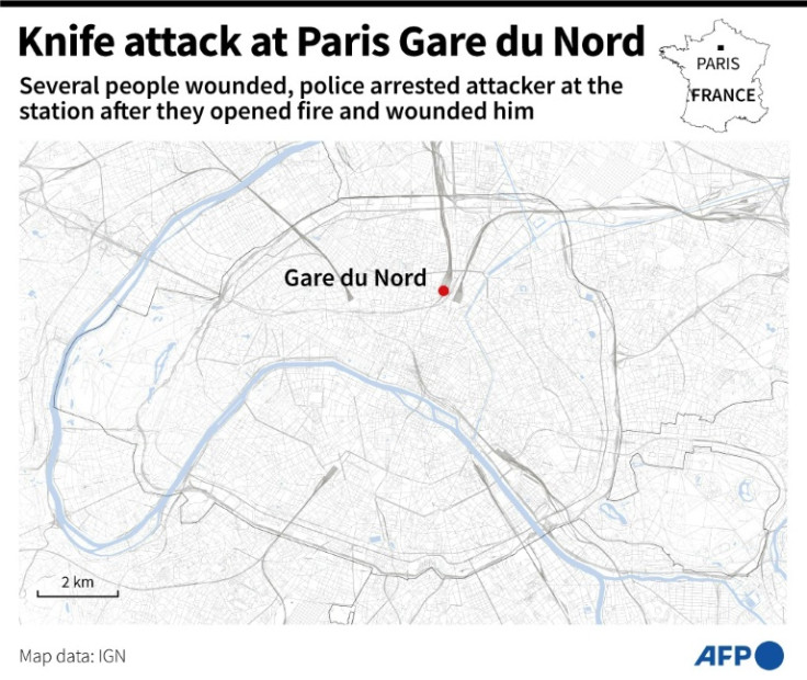 Map of Paris locating the Gare du Nord station where a man was arrested after stabbing six people