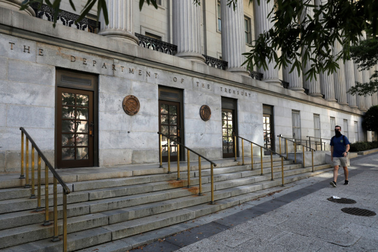 Signage is seen at the United States Department of the Treasury headquarters in Washington, D.C.