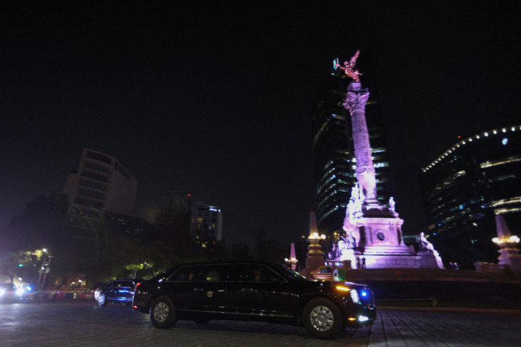 The motorcade of U.S. President Joe Biden passes in front of Angel of Independence monument as he arrives to attend the North American Leader's Summit in Mexico City