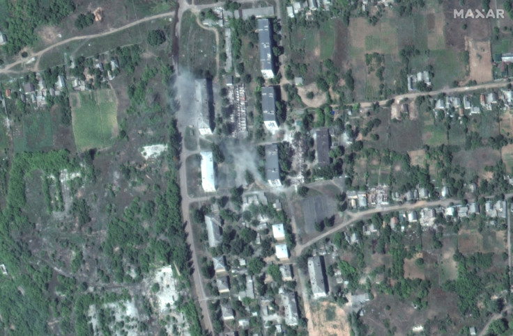 A satellite view shows apartment buildings and homes, in Soledar