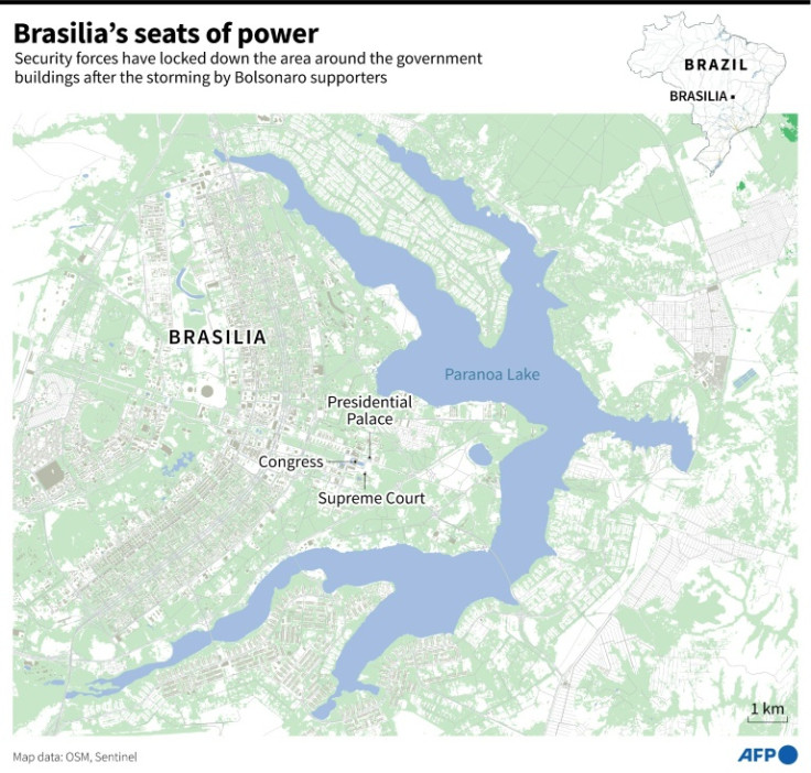 Map of Brasilia showing the location of the Presidential Palace, Congress and the Supreme Court, which the security forces regained control of after the storming by supporters of ex-president Jair Bolsonaro on January 8.