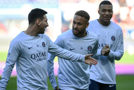 Lionel Messi, Neymar and Kylian Mbappe together before PSG's game against Auxerre in Paris in November